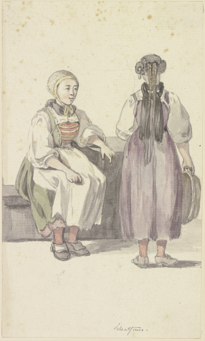 Zwei junge Bäuerinnen in Schaffhausen, die linke sitzend, die rechte in Rücknansicht stehend von Georg Melchior Kraus