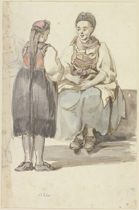 Zwei Schweizer Bäuerinnen, die linke stehend, vom Rücken gesehen, die rechte sitzend, von vorne von Georg Melchior Kraus