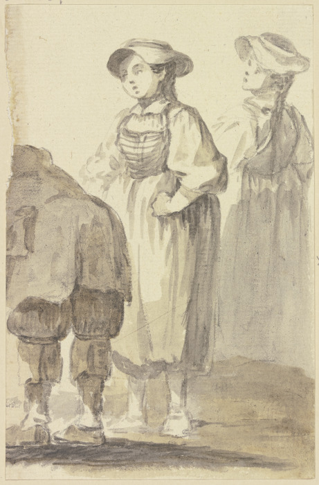 Zwei stehende Mädchen und ein - vom linken Bildrand überschnittener - sich bückender Mann, der vom R von Georg Melchior Kraus