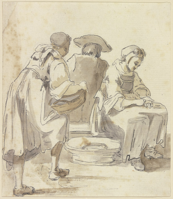 Zwei Wäscherinnen und ein vom Rücken gesehener sitzender Mann von Georg Melchior Kraus