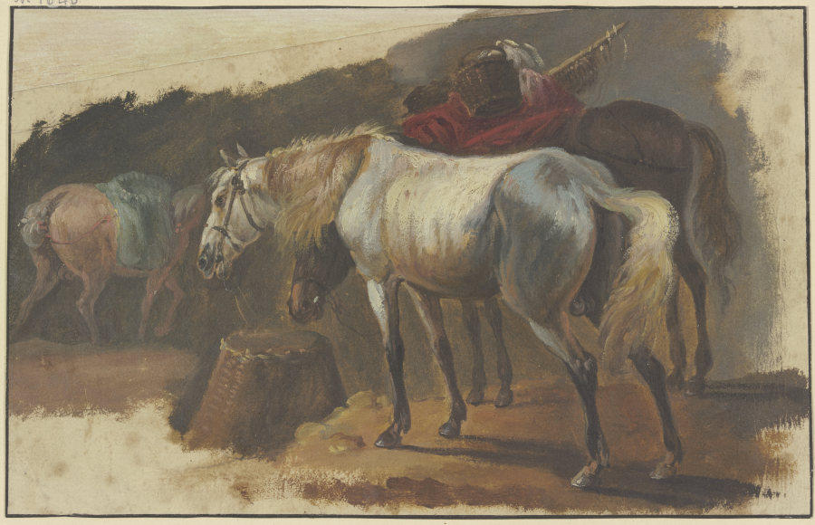 Ein Schimmel und ein bepackter Brauner an einem Korb stehend, im Hintergrund ein drittes Pferd mit b von Georg Philipp Rugendas d. Ä.