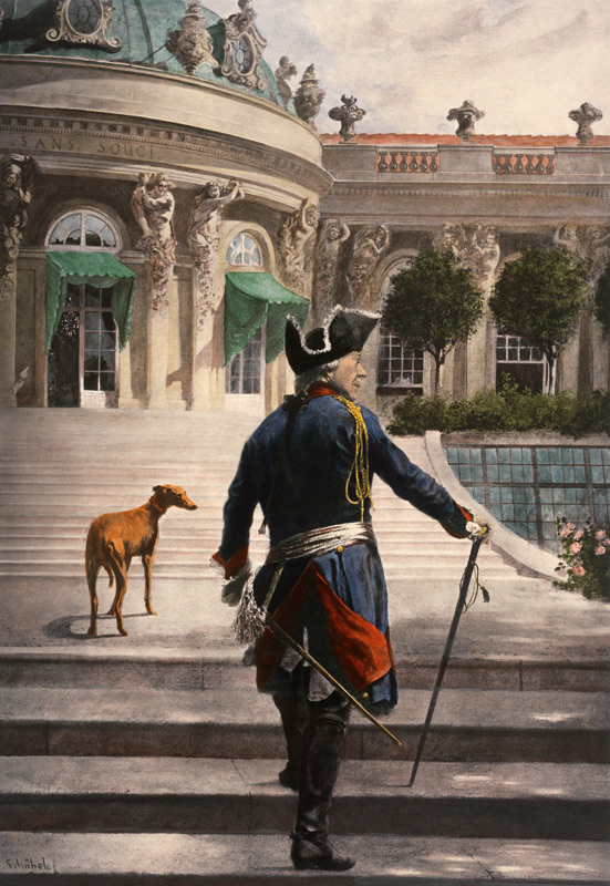 Der Alte Fritz mit seinem Windspiel auf den Terrassen von Sanssouci. von Georg Schöbel