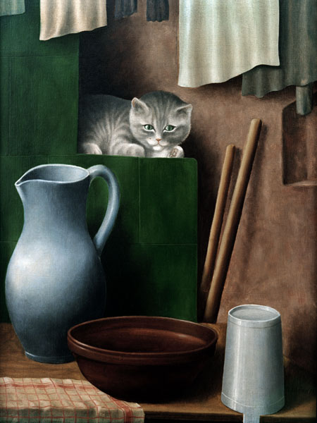 Stilleben mit Katze (Ofenecke) von Georg Schrimpf