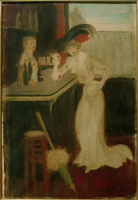 Frau mit Sonnenschirm an der Bar 1907