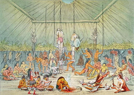 Mandan ceremony (colour litho) von George Catlin