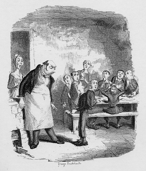 Oliver asking for more, from ''The Adventures of Oliver Twist'' Charles Dickens (1812-70) 1838, publ von George Cruikshank