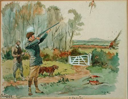 The Month of October: Pheasant Shooting (pen & ink and w/c on paper) von George Derville Rowlandson
