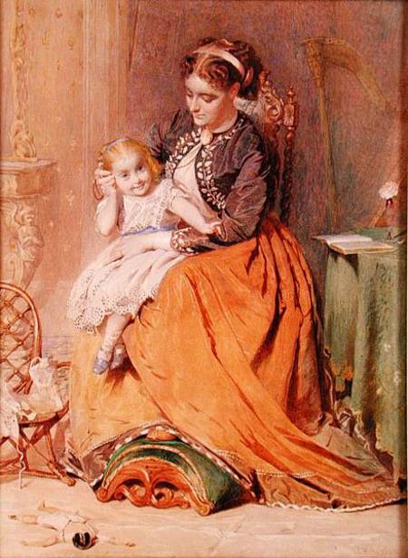 "Tick, Tick, Tick" - a girl sitting on her mother's lap listening to her gold watch ticking von George Elgar Hicks