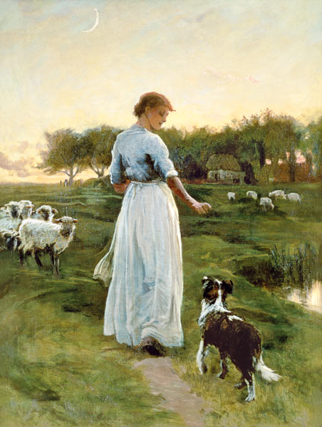 A Shepherdess with her Dog and Flock in a Moonlit Meadow von George Faulkner Wetherbee
