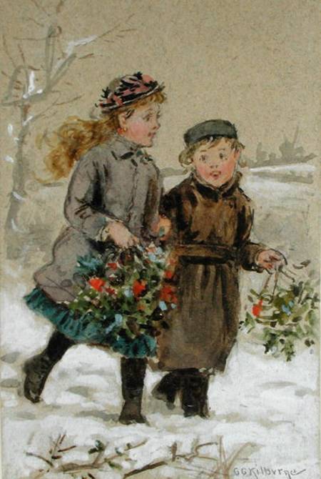 Children Playing in the Snow - Collecting Holly (w/c heightened with white on paper) von George Goodwin Kilburne