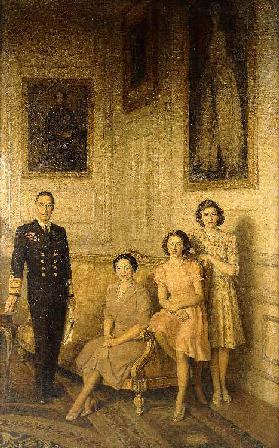 Die königliche Familie: King George VI, Queen Elizabeth und ihre beiden Töchter, Prinzessin Margaret