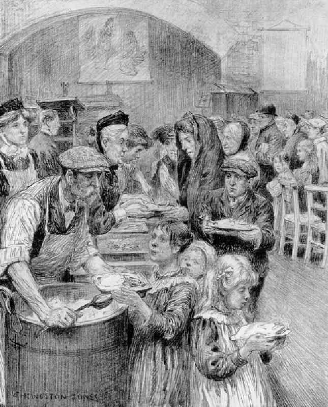 Kostenlose Mahlzeiten für die ärmsten Einwohner Londons: Die Szene in einer "Daily Graphic" Suppenkü von George Kingston-Jones