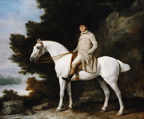 A Gentleman on a Grey Horse in a Rocky Wooded Landscape von George Stubbs