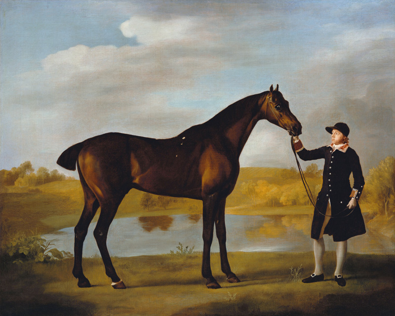 The Duke of Marlborough''s (?) Bay Hunter, with a Groom in Livery in a Lake Landscape von George Stubbs