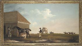 Rennpferd Gimcrack in Newmarket Heath mit Trainer, Stallbursche und Jockey 1765