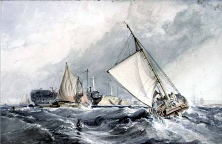 Old Men-of-War at Anchor: boats in a Gale von George the Elder Chambers