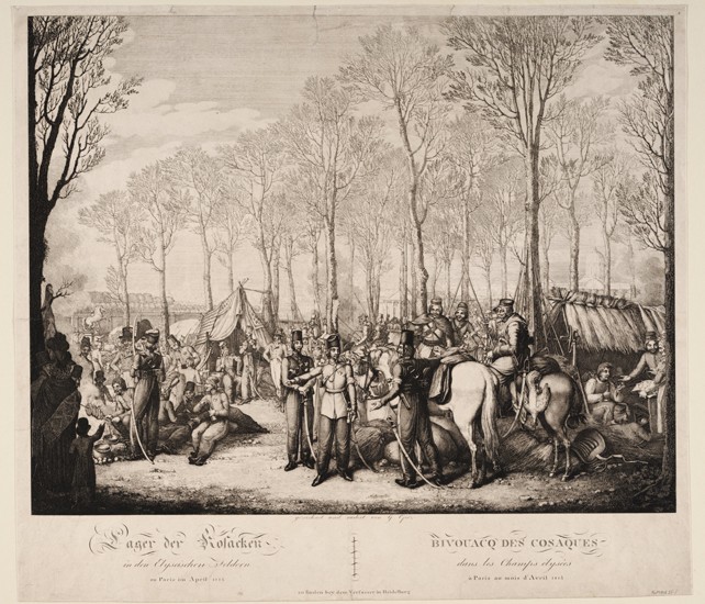 Das Biwak der Kosaken in der Avenue des Champs-Elysées in Paris im April 1814 von Georg Emanuel Opiz