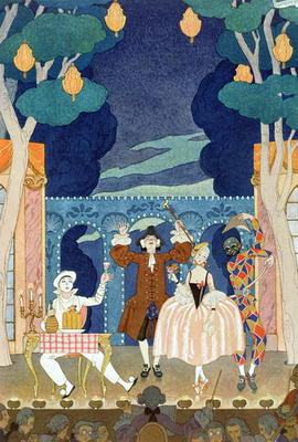 Pantomime Stage, illustration for 'Fetes Galantes' by Paul Verlaine (1844-96) 1924 (pochoir print) von Georges Barbier