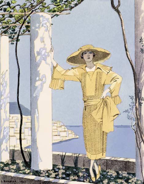 Amalfi, illustration of a woman in a yellow dress by Worth, 1922 (pochoir print) 1814
