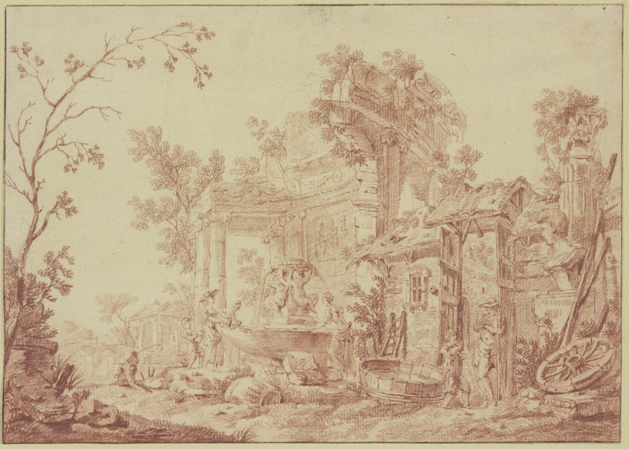 Unter römischen Ruinen ein Brunnen mit zwei Amoretten, an welchem Wäscherinnen beschäftigt sind von Georges-François Blondel