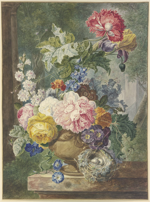Blumenstrauß in einer Vase, dabei ein Vogelnest von Georgius Jacobus Johannes van Os