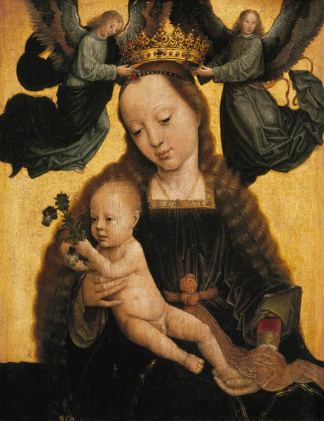 Die Jungfrau mit dem Kinde wird von Engeln gekrönt. von Gerard David