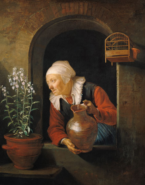 Alte Frau am Fenster, Blumen begießend. von Gerard Dou