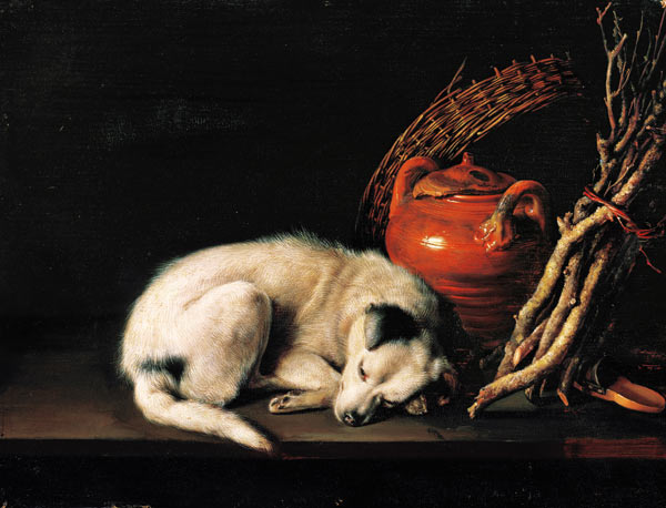 Ein schlafender Hund neben einem Terrakottakrug, einem Korb, einem Paar Clogs und Zündholz von Gerard Dou