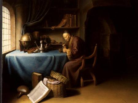 An Old Man Lighting his Pipe in a Study von Gerard Dou