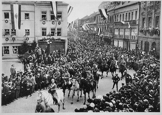 Parade of the first mounted SA divisions on Germany Day in Bayreuth, 1923, from 'Deutsche Gedenkhall von German Photographer, (20th century)