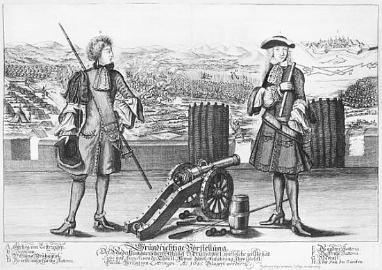 Charles V, Duke of Lorraine and Bar, with an engineer, at the battle of Neuhausel against the Turks  von German School