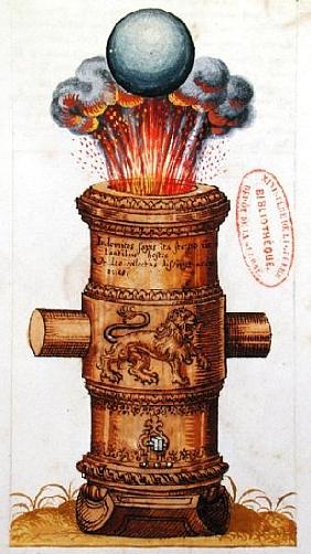 Raised cannon firing a cannonball, from ''The Art of Artillery''