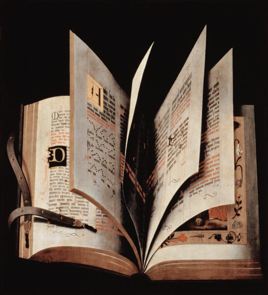 Trompe l'oeil of an open manuscript von German School