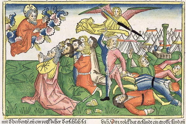 Exodus 32 15-23 Moses breaking the stone tablets (coloured woodcut) von German School, (15th century)