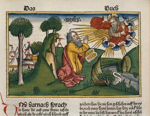 Exodus 34 1-10 Moses receives the second tablets with the Ten Commandments (coloured woodcut) von German School, (15th century)