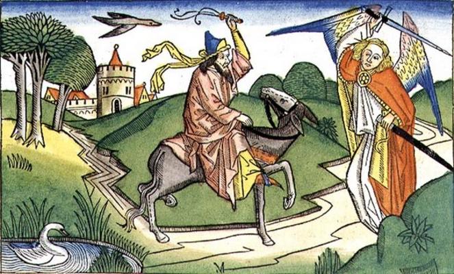 Numbers 22 20-35 Balaam's talking ass (coloured woodcut) von German School, (15th century)