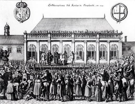 Execution of Charles I (1600-49) at Whitehall, January 30th 1649 (engraving) (b&w photo) von German School, (17th century)