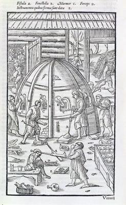 Glassworks, illustration showing the marble furnace and glass blowers (woodcut) 1596