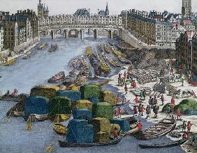 View of the Wheat Port and the Pont au Change looking upstream (coloured engraving) 20th