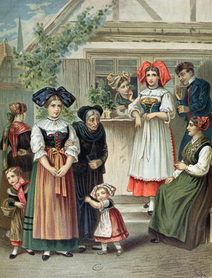 Traditional costumes of the Strasbourg region, c. 1870-80 (colour litho) von German School, (19th century)