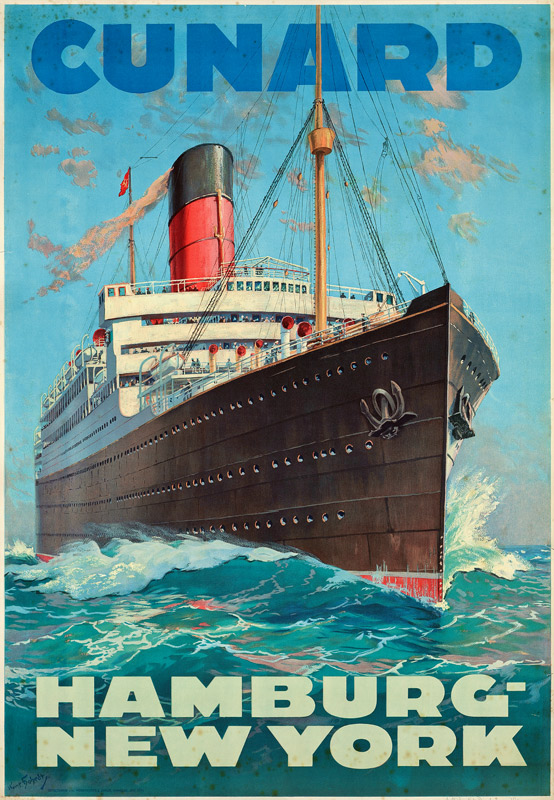 Poster advertising travel between Hamburg and New York with the shipping company Cunard von German School, (20th century)