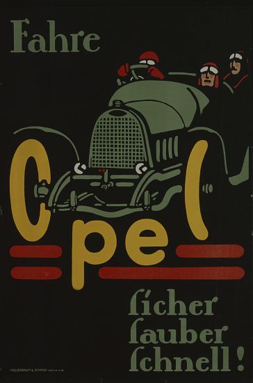 German advertisement for Opel car manufacturer, printed by Hollerbaum und Schmidt, Berlin von German School, (20th century)