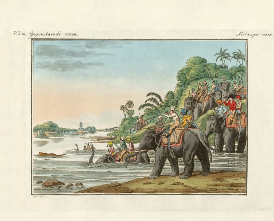 Tiger hunting on an Indian river von German School, (19th century)