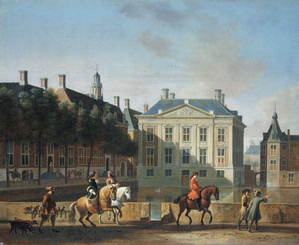 The Mauritshuis from the Langevijverburg, the Hague, with hawking party in the foreground von Gerrit Adriaensz Berckheyde