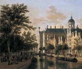 Die Nieuwezijds Voorburgwal mit Blumenmarkt, Amsterdam 1686