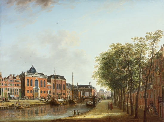 View of the Kloveniersburgwal in Amsterdam, with the Waag, and barge moored in the front of Trippenh von Gerrit Adriaensz Berckheyde