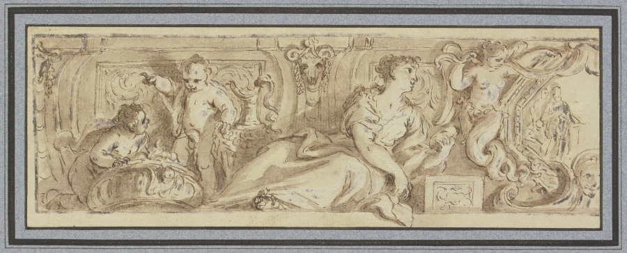 Friesartiges Ornament mit einer liegenden weiblichen Figur, zu ihren Füssen zwei Amoretten bei große von Giovanni Battista  Zelotti