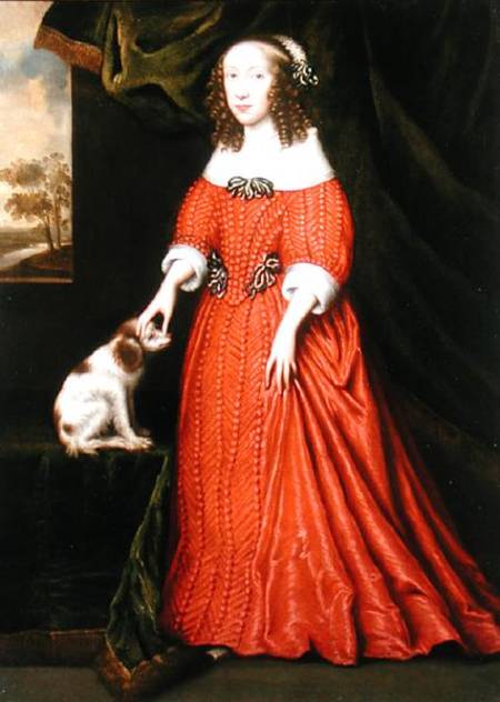 Portrait of a Young Lady in a Red Dress with a pet Spaniel von Gilbert Jackson