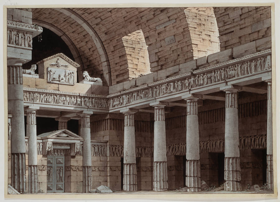 Dorische Säulenhalle mit Rundbogengewölbe und einem Portal mit zwei Sphingen von Giorgio Fuentes