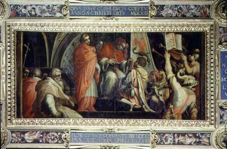 Clement IV (1265-68) delivering arms to the leaders of the Guelph party from the ceiling of the Salo von Giorgio Vasari